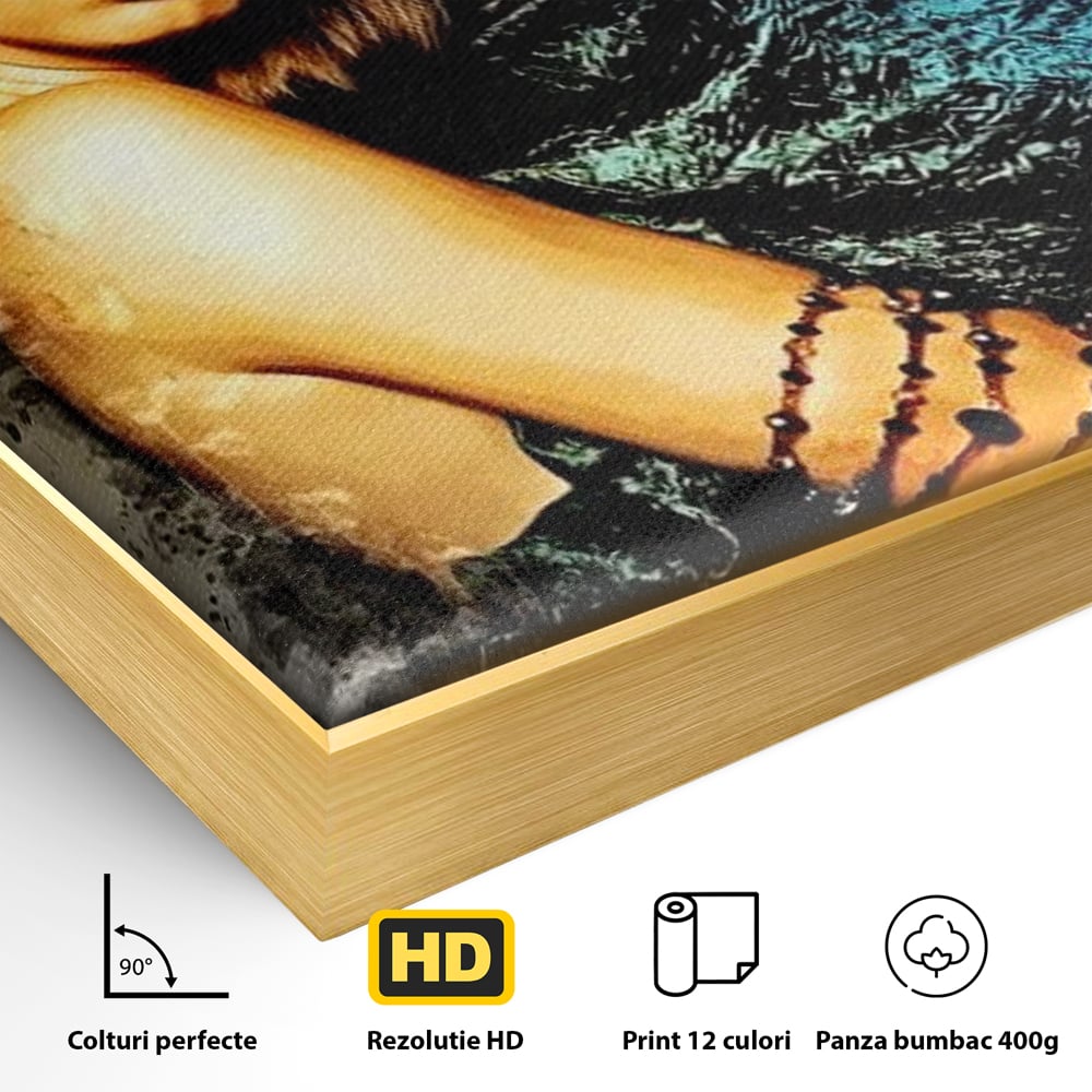 Detaliu al suprafetei: tablou canvas portret femeie misterioasa, in rama de aluminiu auriu